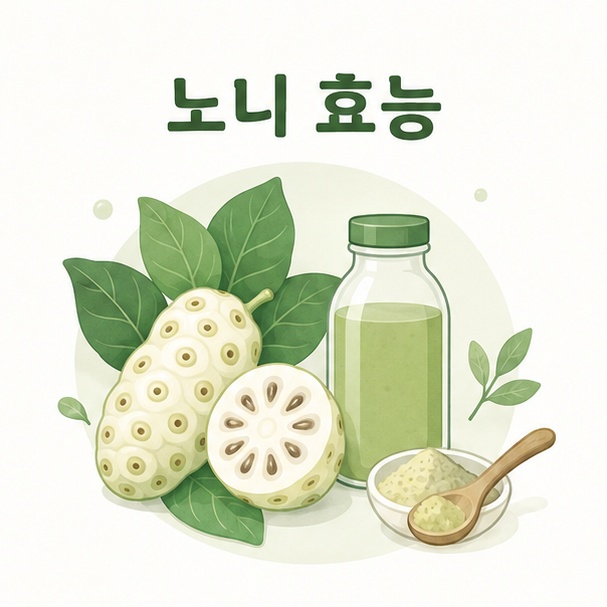 노니 효능 대표 이미지, 노니 열매와 잎, 주스 병과 분말 스푼