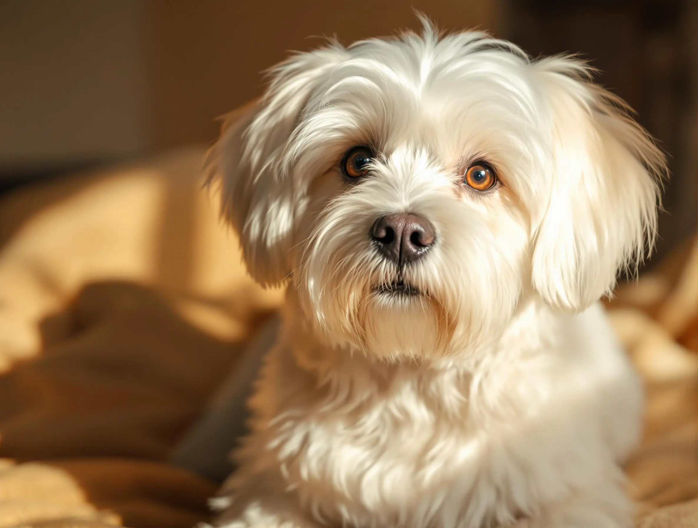심장병을 가진 노령 말티즈 강아지가 부드러운 담요 위에서 차분한 표정을 짓고 있는 모습