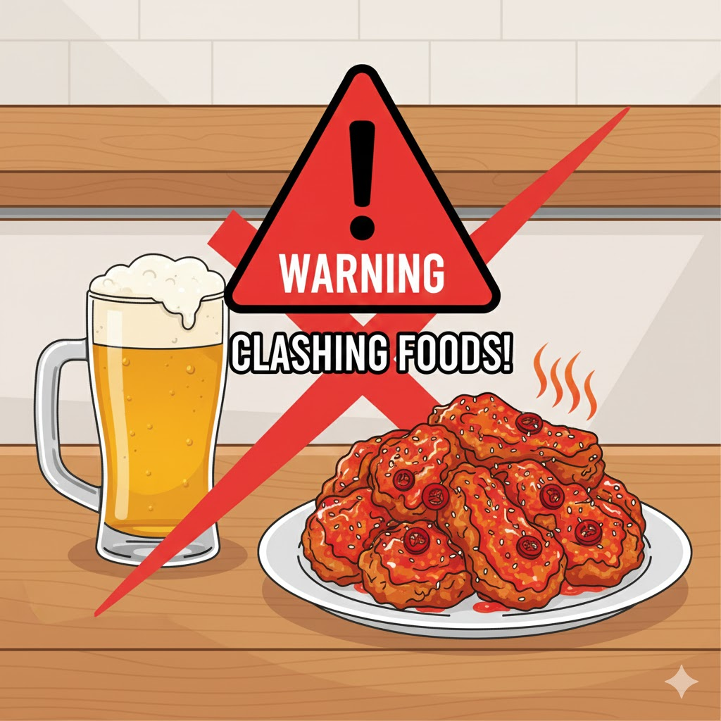 A creative illustration showing a "Warning" sign between two clashing food groups, like cold beer and hot spicy chicken, in a professional graphic style