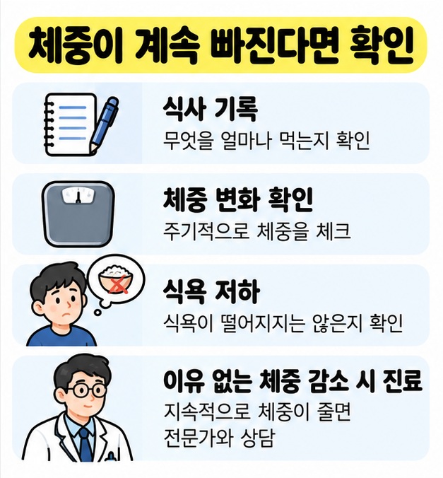 체중 기록과 식사 기록, 이유 없는 체중 감소 시 진료 확인을 체크리스트로 정리한 카드