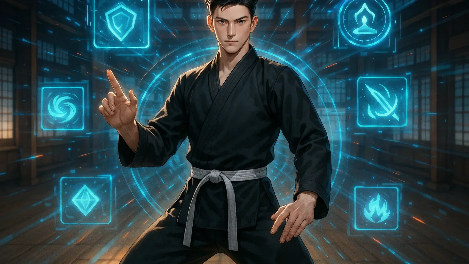 무공 수련하는 주인공과 현대적 스킬 시스템이 융합된 판타지적 분위기의 일러스트