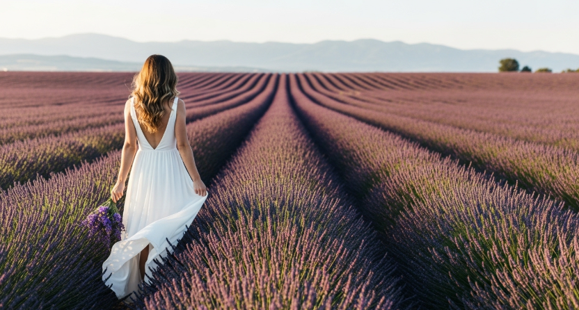 하얀 원피스를 입고 라벤더 밭을 걷는 모습
