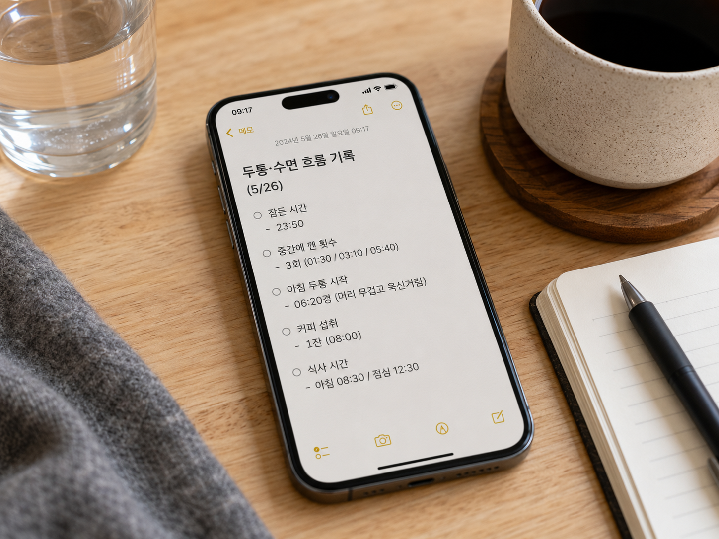 잠을 설친 다음 날 두통과 수면 흐름을 휴대폰에 기록하는 모습
