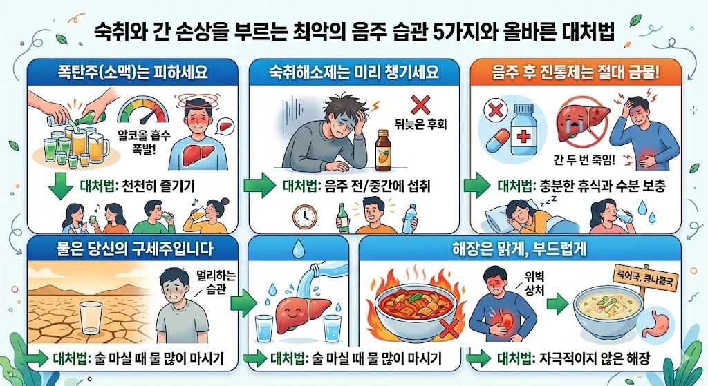 숙취와 간 손상을 부르는 최악의 음주 습관 5가지와 올바른 대처법