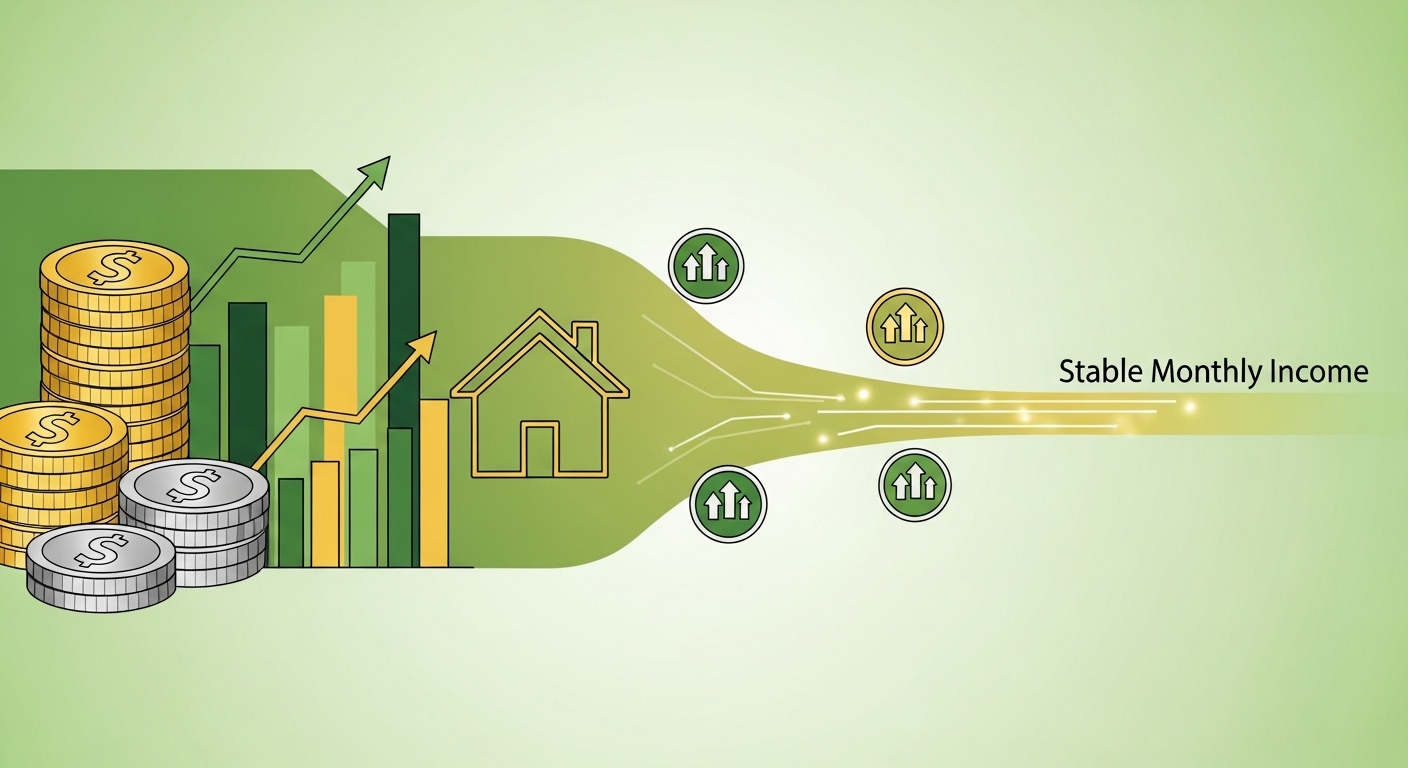 배당주와 부동산 리츠 등 다양한 투자 자산이 모여 안정적인 월 소득 흐름을 만들어내는 금융 개념을 시각화한 그림.