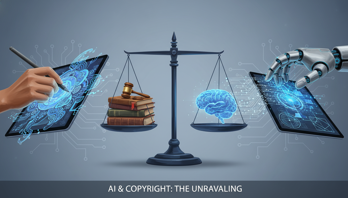 생성형 AI 저작권 분쟁을 상징하는 이미지. 인간 창작과 AI 생성물이 교차하는 지점에서 법의 저울이 균형을 잡는 모습.