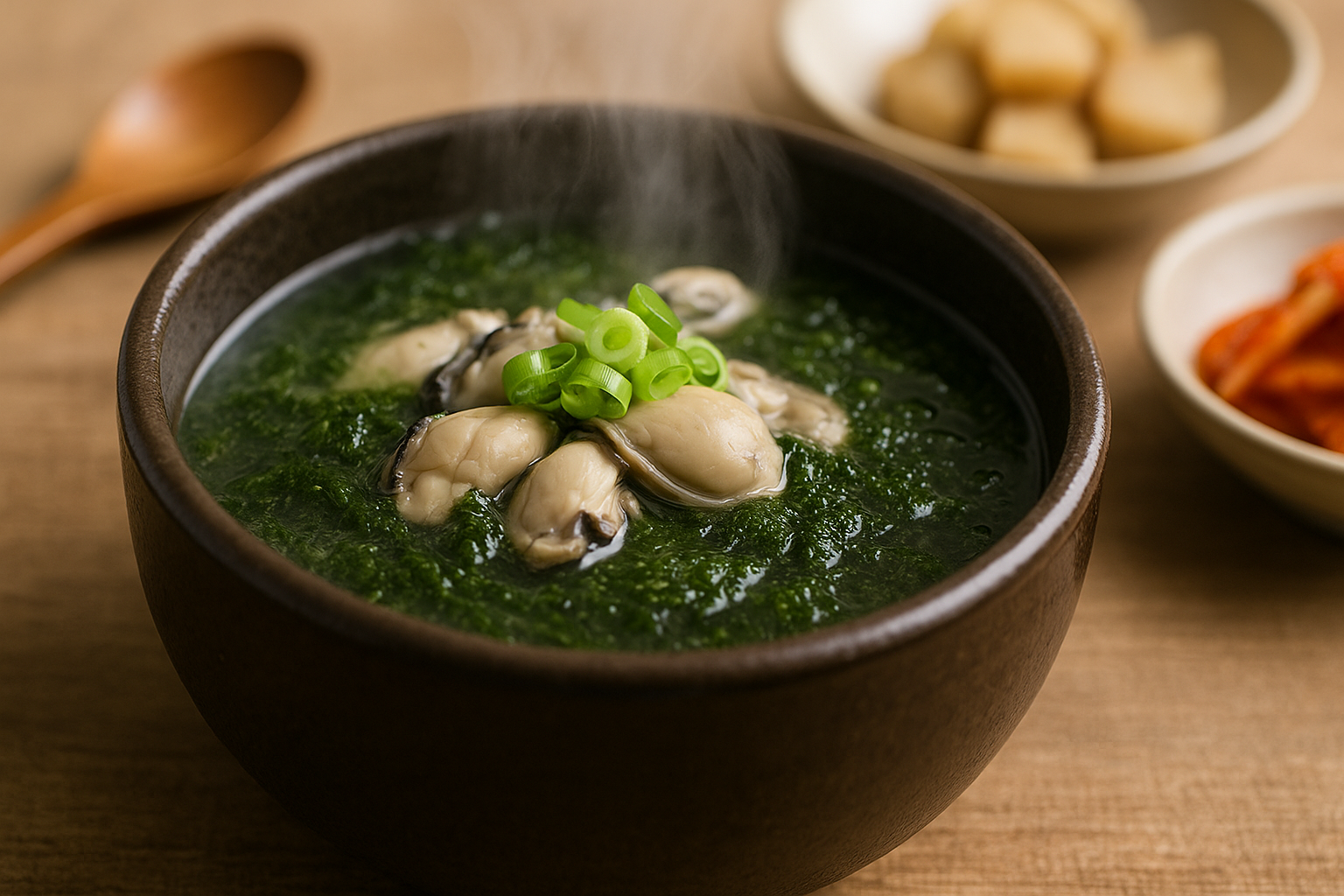 뜨거운 김이 오르는 매생이·굴 보양국 한 그릇, 대파 고명과 함께