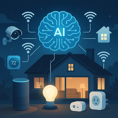 AI와 연결된 스마트홈 IoT 기기들이 네트워크로 연결된 현대적 거실의 모습