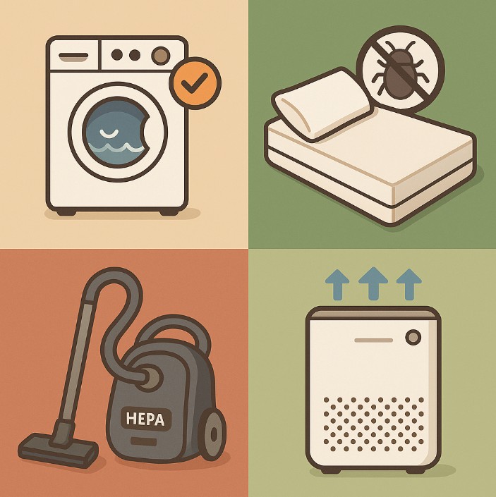 집먼지 진드기 관리를 위한 필수 방법: 세탁기 사용, 매트리스 관리, HEPA 필터 청소기, 공기청정기 활용 일러스트