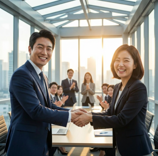 계약 체결 후 활짝 웃으며 악수하는 파트너들