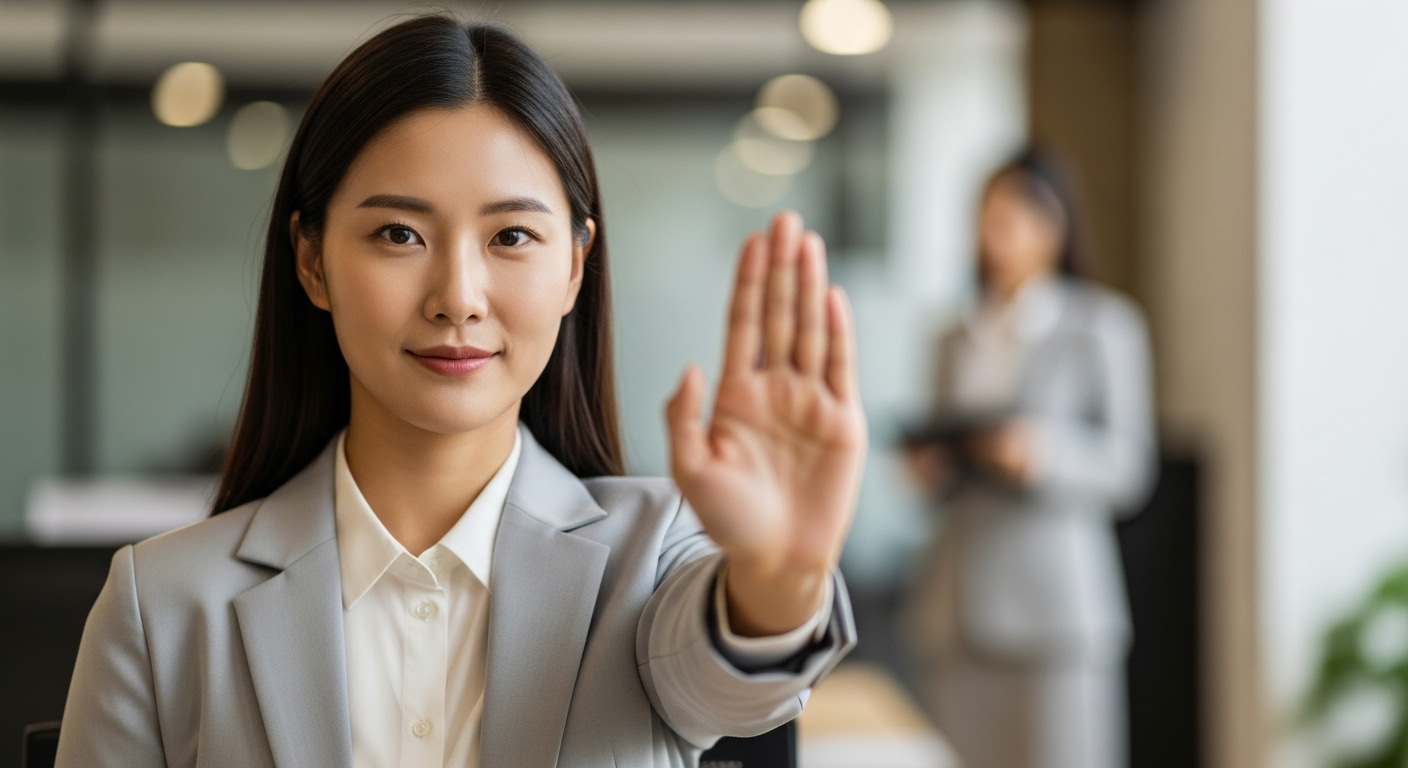 30대 직장인이 동료에게 정중하지만 단호하게 '거절'하는 모습을 손짓으로 표현합니다.