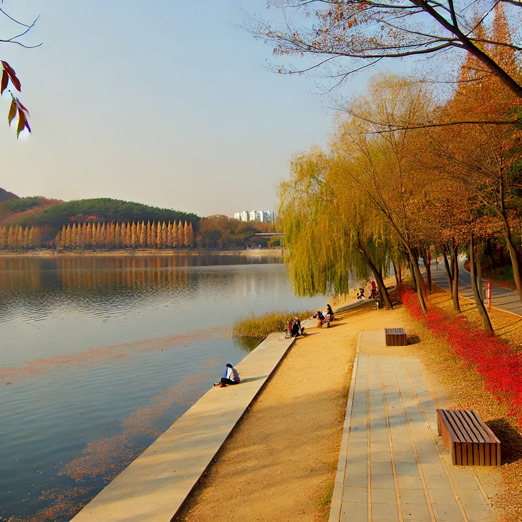 석촌호수의 가을 풍경, 호수를 둘러싼 붉고 노란 단풍나무와 맑은 하늘이 반영된 잔잔한 물결