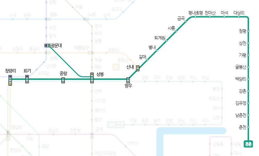 활성화되어 진하게 표시된 경춘선 노선도 화면