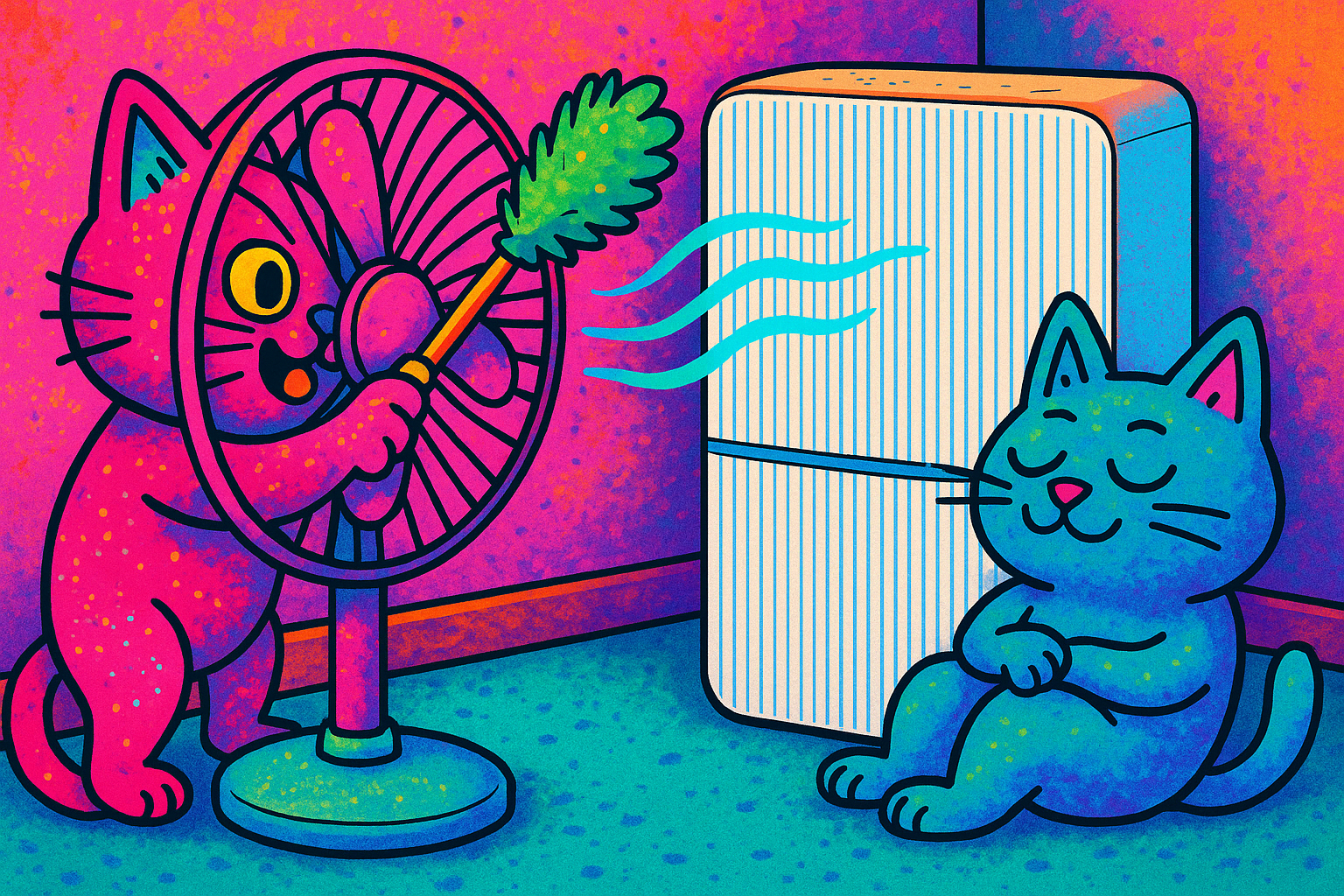선풍기를 청소하는 고양이와 제습기 앞에서 시원해하는 고양이 일러스트