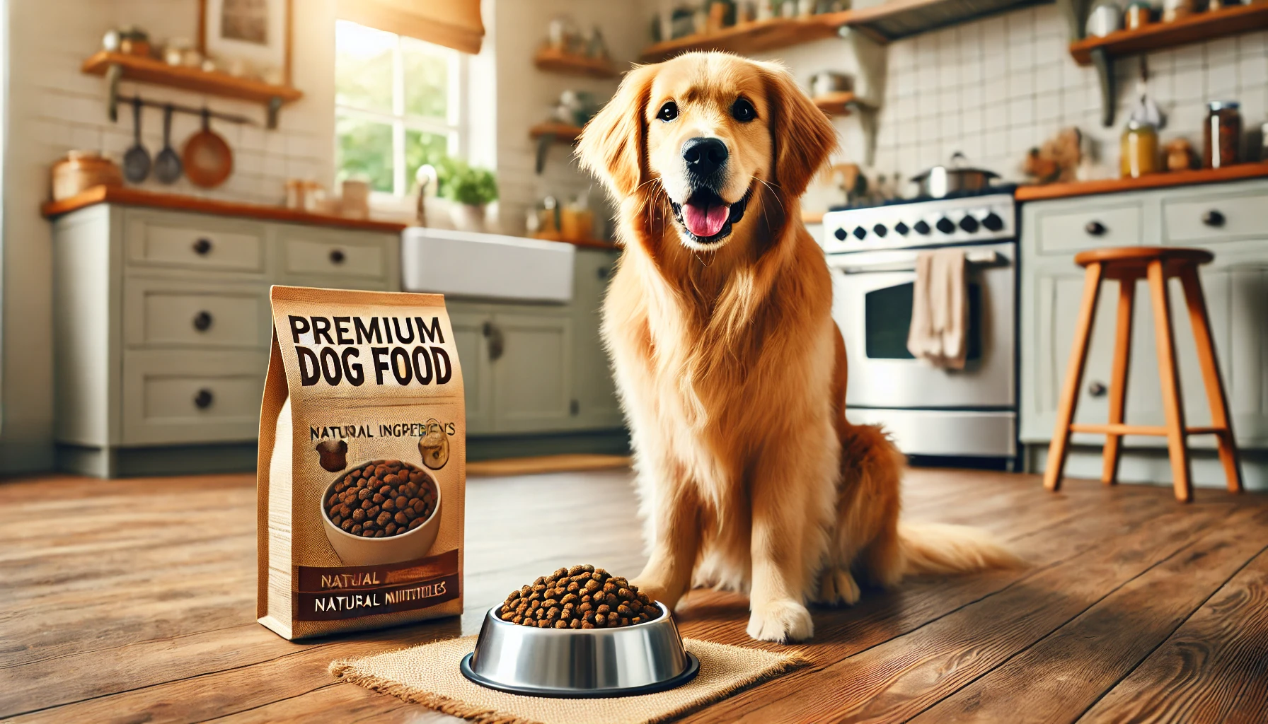 사료앞에 앉아있는 반려견 사진