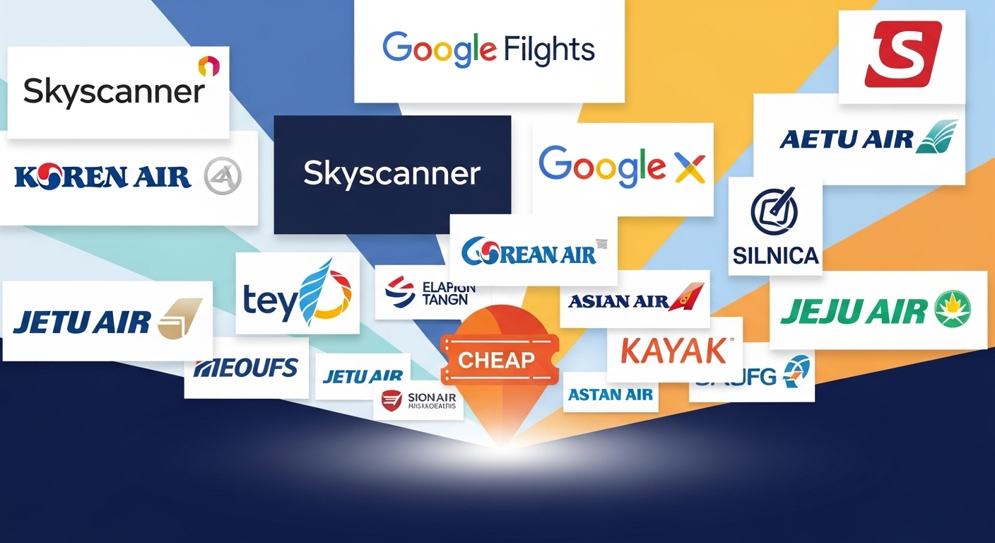 다양한 항공권 비교 사이트와 항공사 로고를 통해 최저가 항공권을 찾는 모습.