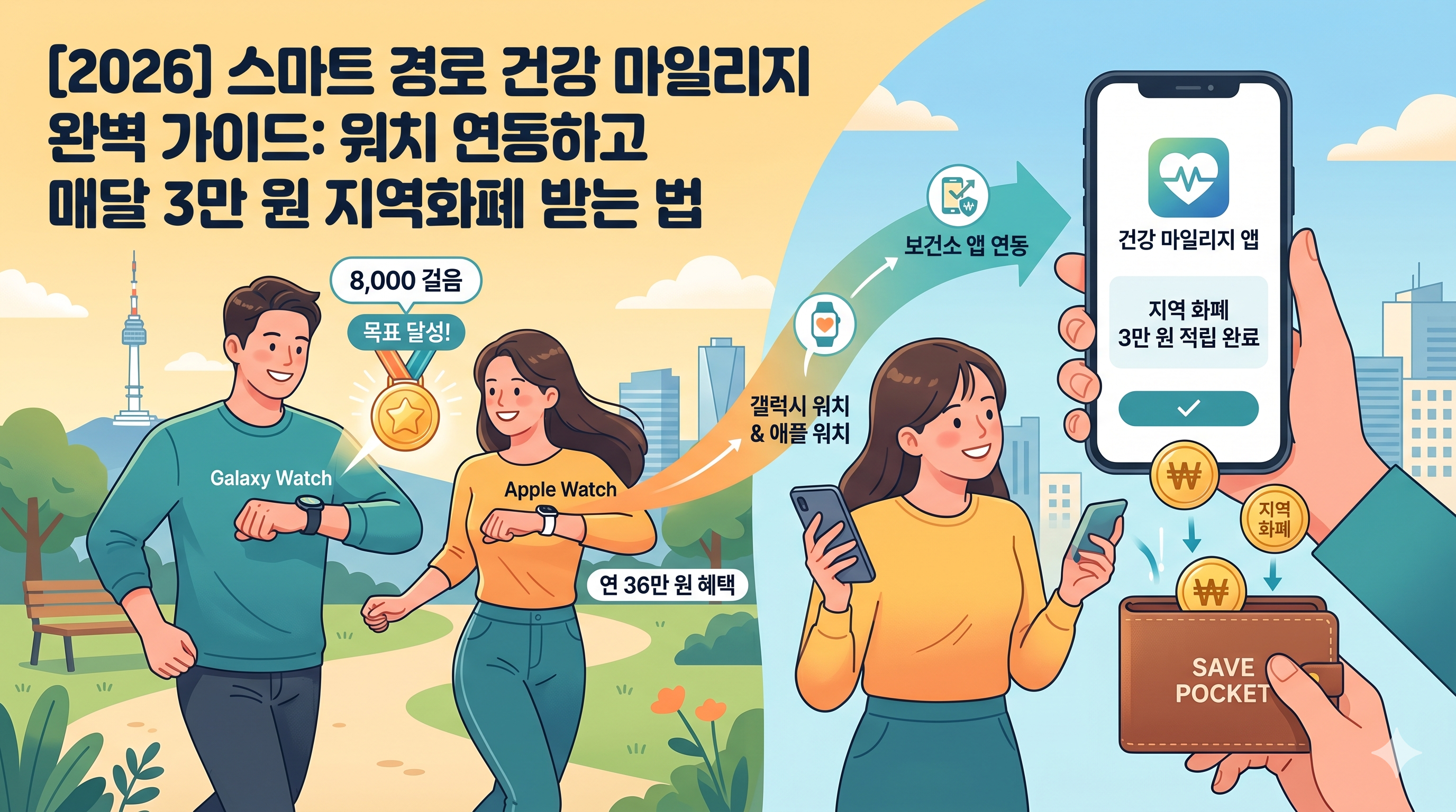 2026년 갤럭시 워치 애플 워치 보건소 앱 연동 하루 8천보 달성 시 매달 지역 화폐 3만 원 적립 방법 및 지자체 건강 마일리지 혜택 가이드 일러스트