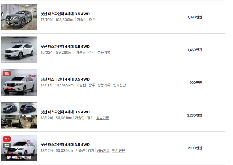 닛산 패스파인더 중고차 가격 시세표 연비