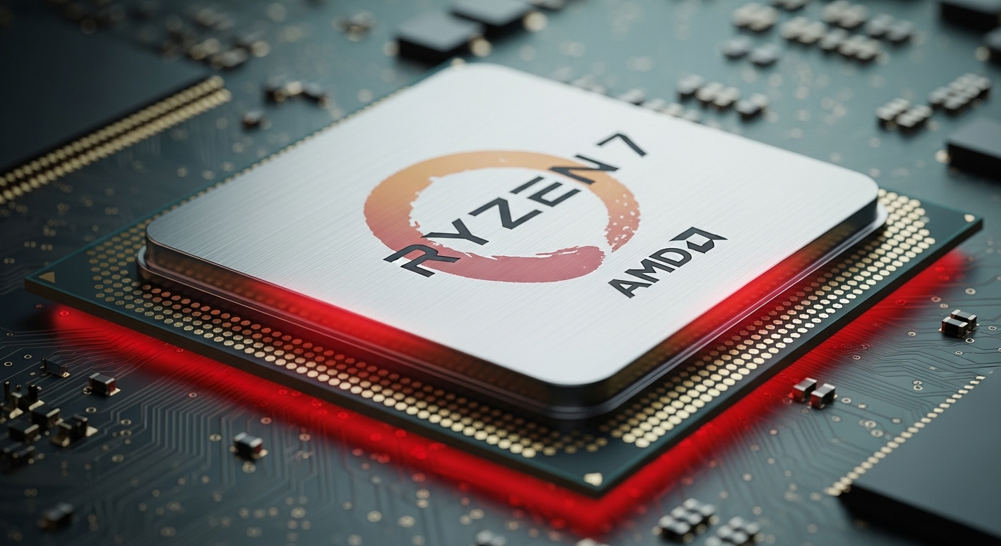 붉은색 빛을 띠는 AMD 라이젠 7 CPU 칩의 복잡한 구조와 금속 표면. 강력한 성능이 느껴집니다.