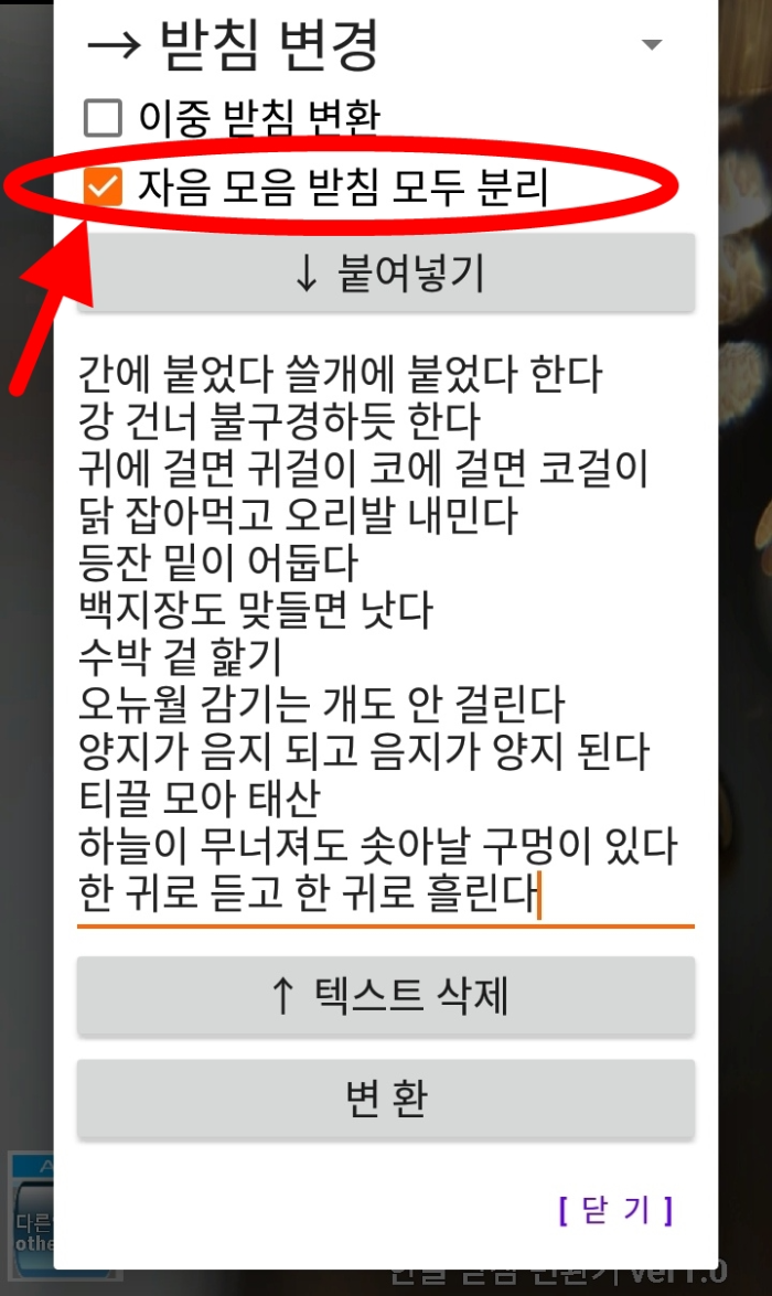 자음 모음 받침 모두 분리 옵션