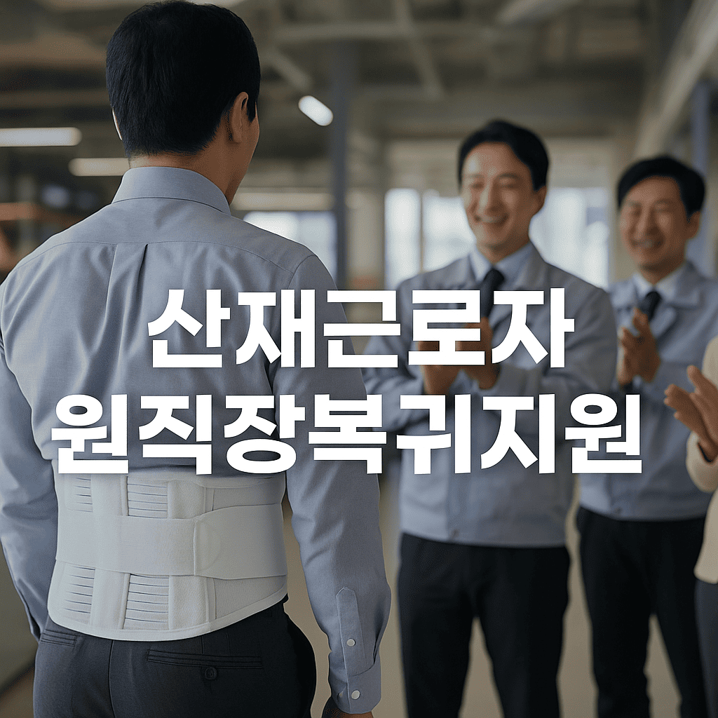 보호대-착용한-한국인-근로자가-사무실-복귀-동료-환영장면-산재근로자원직장복귀지원-텍스트-중앙표기