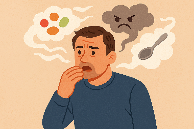 존재하지 않는 맛을 느끼는 혼란, 환각 미각 증후군 (감각왜곡,신경착오,미각망상)