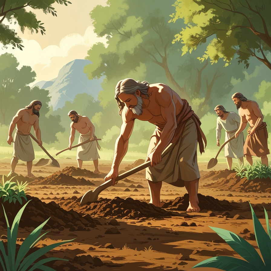 에덴동산을 떠난 뒤 인간이 땀 흘려 땅을 일구는 모습을 성경적으로 표현한 장면