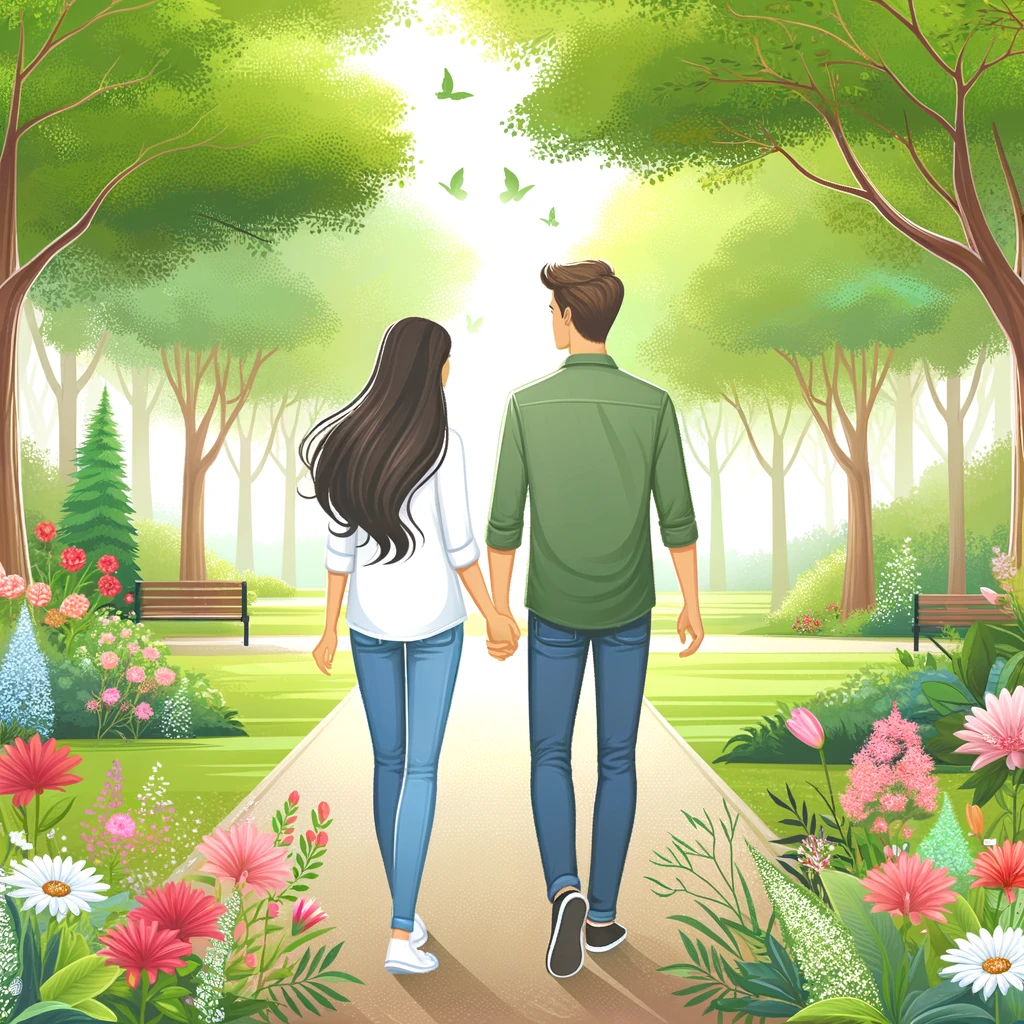 남녀 공원 걸어가는 모습