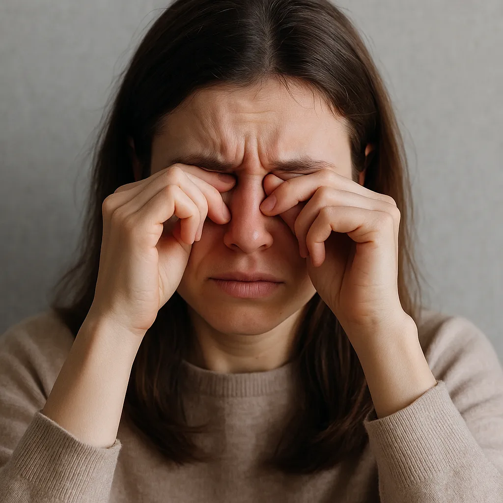 졸린-표정으로-양손으로-눈을-비비는-여성의-모습-눈을-비비면-피로가-더-심해지는-이유를-표현한-장면
