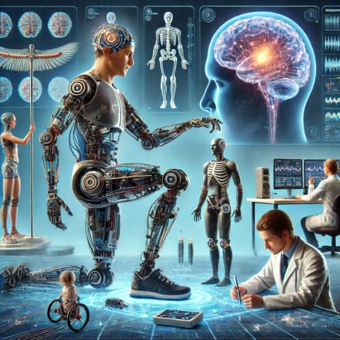 로봇 의수를 착용한 환자가 물건을 잡는 모습
OpenBCI 뇌파 센서, 이식형 BCI 칩 등 다양한 BCI 하드웨어 이미지
Exoskeleton(외골격 로봇) 착용 사진, 연구소에서 테스트 중인 장면
팀원들이 인간 증강 프로젝트를 기획하고 논의하는 모습