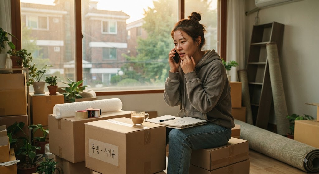 집 이사 후에 도시가스 회사에 전화해 요금 할인 적용여부 물어보고 있는 모습