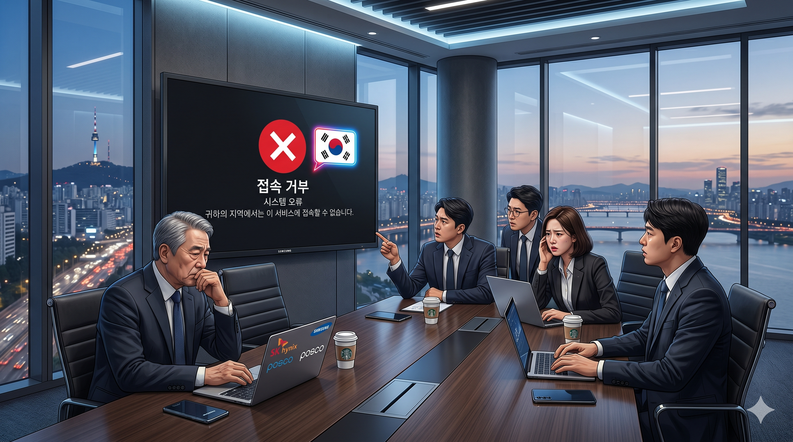 대한민국 대기업 회의실에서 경영진들이 미 정부의 AI 수출 규제로 가로막힌 컴퓨터 화면을 보며 대응책을 논의하는 가로형 그래픽 이미지