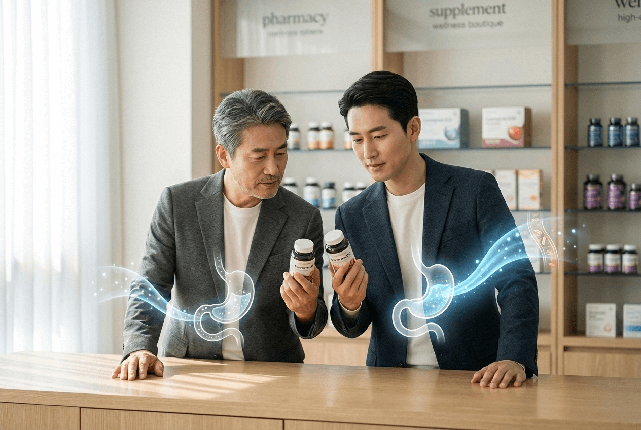 40대와 50대 남성이 코엔자임Q10 제품을 비교하는 모습, 나이별 흡수력 차이를 표현한 장면