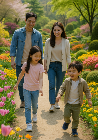 아침고요수목원에서 꽃길 사이를 산책하며 즐거워하는 아이들과 부모 모습
