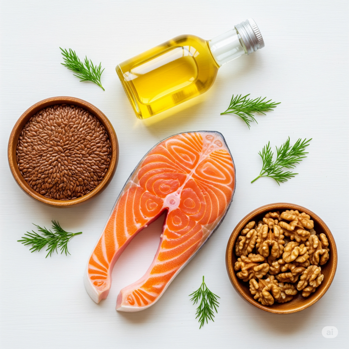 신선한 연어와 견과류, 아마씨, 오메가3 영양제 등 오메가-3가 풍부한 식품들을 흰색 나무 배경 위에 깔끔하게 배열한 이미지입니다. 밝고 깨끗한 느낌을 주어 건강과 활력을 시각적으로 전달합니다.