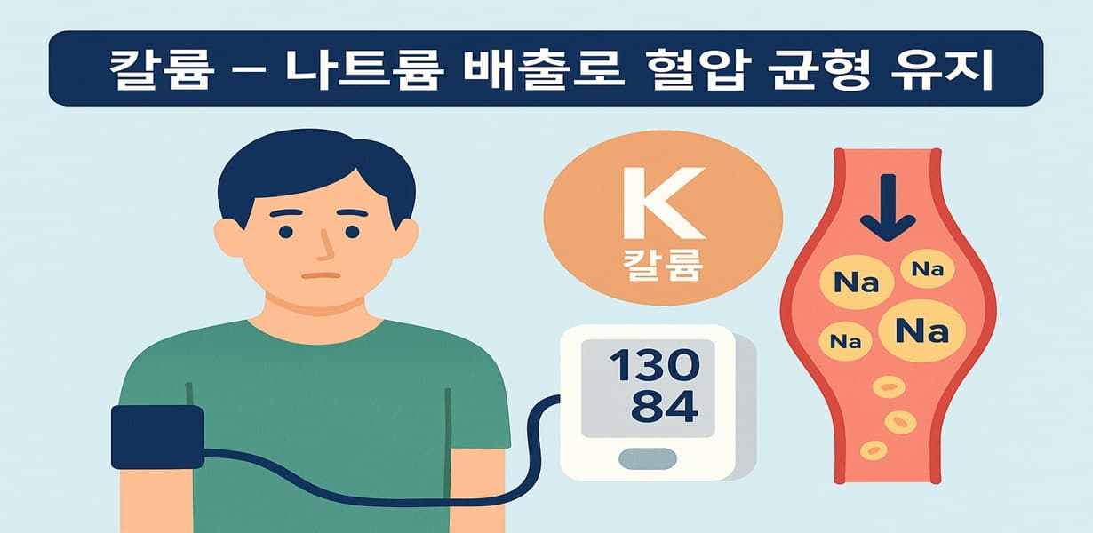 “칼륨이 나트륨 배출을 통해 혈압을 조절하는 과정을 설명한 인포그래픽 이미지”