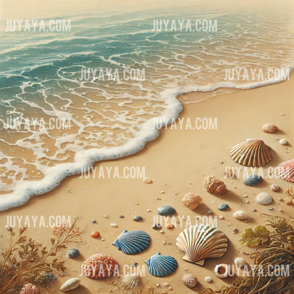 부드럽게 밀려오는 파도와 황금빛 모래사장&amp;#44; 조개껍질과 해초가 자연스럽게 흩어진 고요하고 평화로운 해변의 풍경