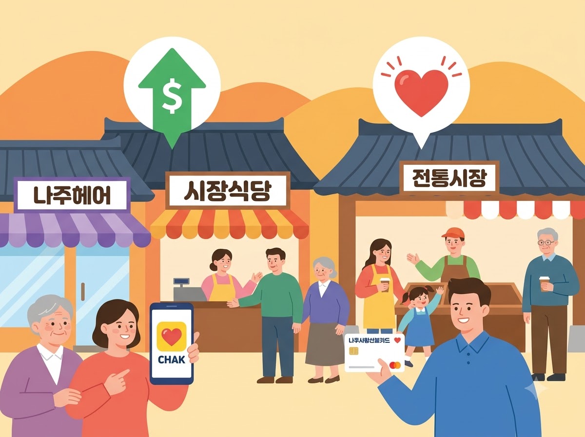 나주사랑상품권과 선불카드를 사용하여 동네 상권에서 활발히 소비하며 지역 소상공인 매출 회복에 기여하는 시민들의 모습을 담은 따뜻한 일러스트