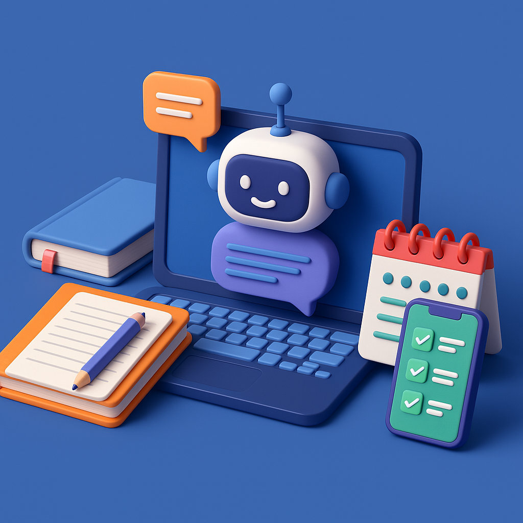 노트북, 공책, 캘린더, 로봇 얼굴 등의 3D 이미지