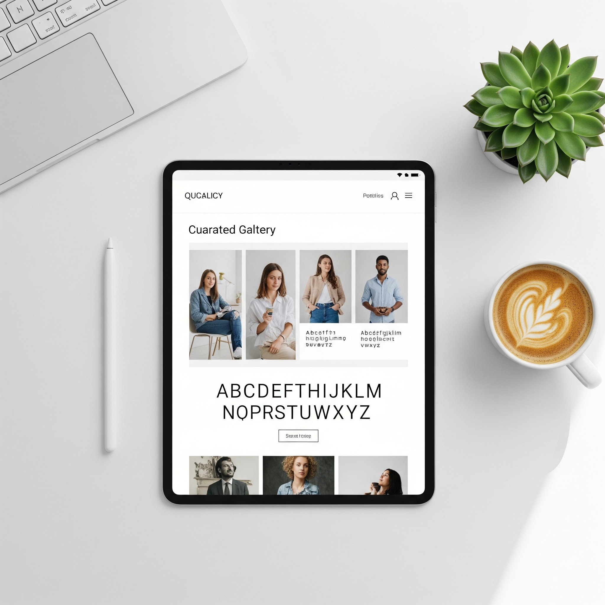 저작권 걱정 없이 안전하게 콘텐츠를 만드는 방법을 상징하는 이미지. 노트북 주변으로 무료 폰트와 이미지