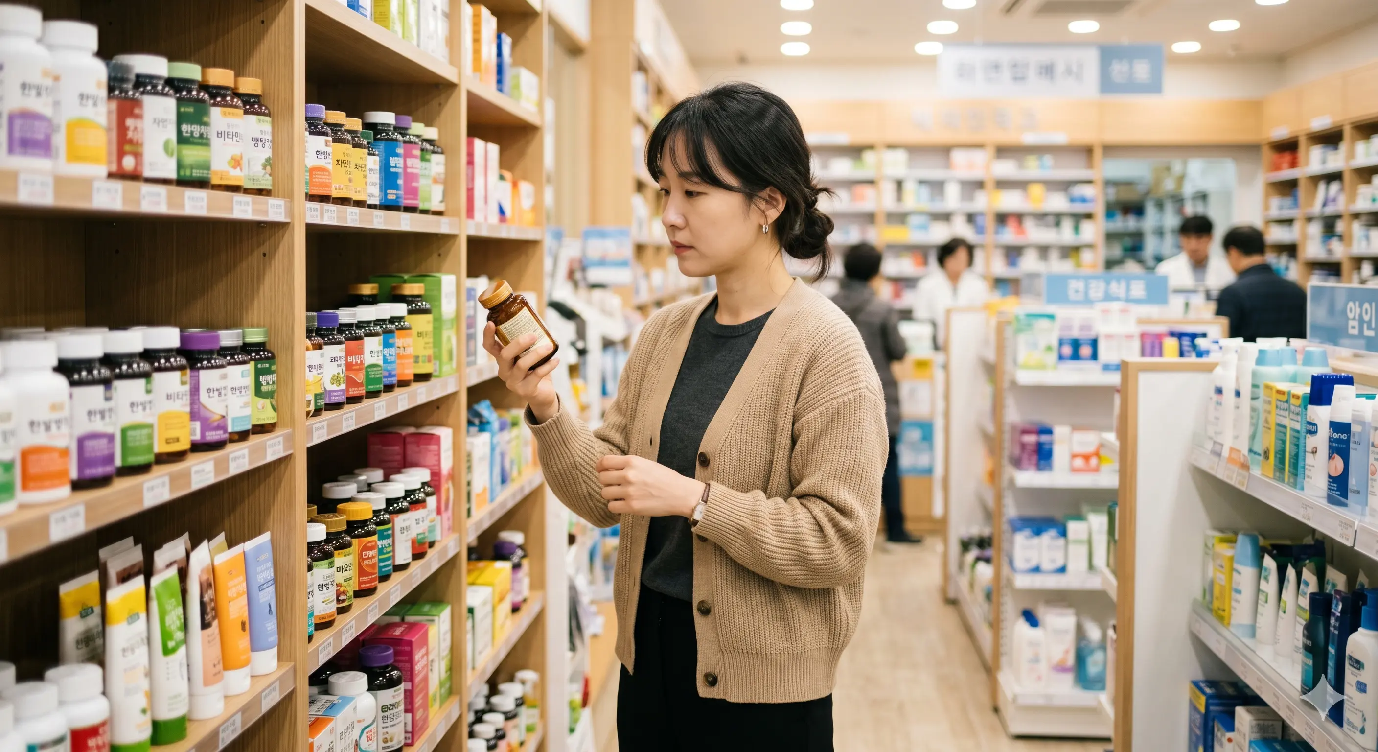 다양한 건강기능식품을 보며 고민하는 현대인의 모습