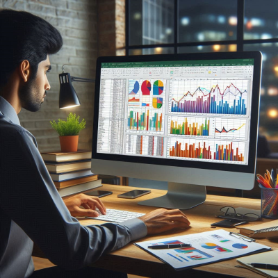 모니터에서 데이터 분석과 그래프 작업을 수행하는 모습.