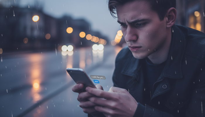 크리스마스 밤, 쓸쓸한 거리에서 실망한 표정으로 휴대폰을 보는 사람.