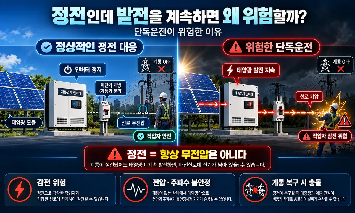 정전 중 태양광 단독운전이 작업자와 계통에 위험한 이유