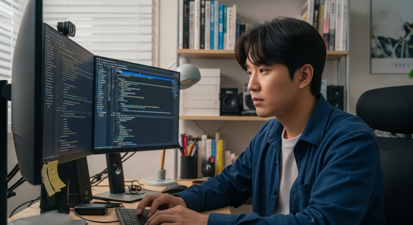 한국인 남성이 듀얼 모니터로 React와 Redux 코드를 보며 프론트엔드 개발에 집중하고 있는 모습.