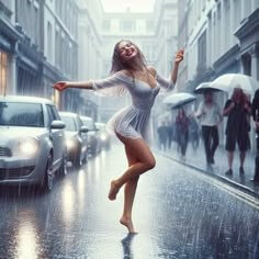 비오는-날-흰-옷을-입은-여자가-우산도-쓰지않고-맨발로-차도에서-신나게-춤을-추는-모습
