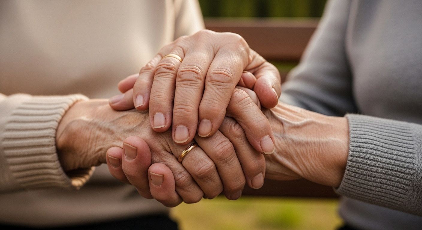 공원 벤치에 앉아 서로의 손을 따뜻하게 잡고 있는 노부부의 손 클로즈업