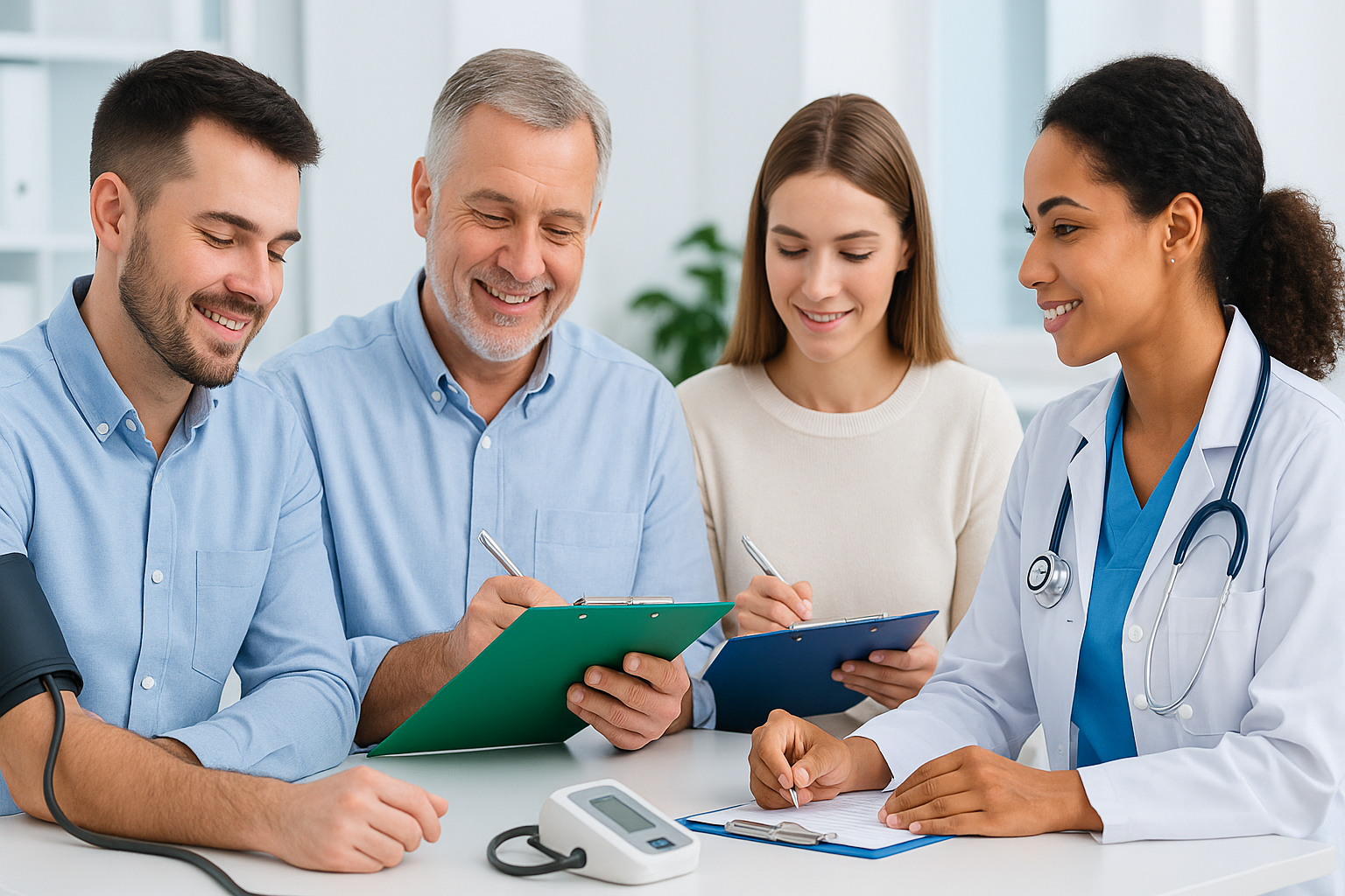 성인 남녀가 건강검진 문진표를 작성하고 있는 병원 진료실 장면