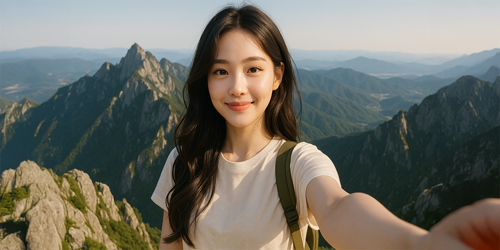 꿈에서 등산 후 산 정상에서 기념사진을 찍는 여성