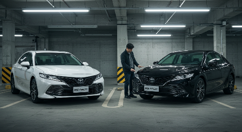 흰색과 검은색 차량을 확인하는 남자의 모습